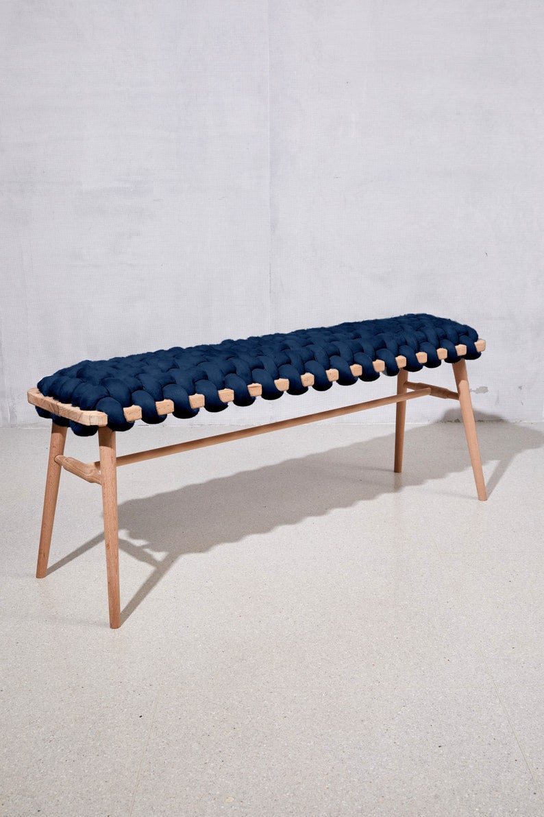 Woven Bench In Indigo Blue Vegan Suede, Wooden bench, entrance bench, bedroom bench, velvet bench, 画像 3