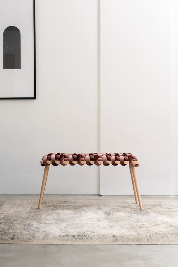 Woven Bench in Plum Velvet Wooden Bench Entrance Bench Bedroom