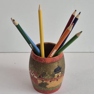 Vintage Traditional Russian Wooden Pencil Holder, Desk Decor, Maximalist Decor, Zagorsk Pyrography, RARE