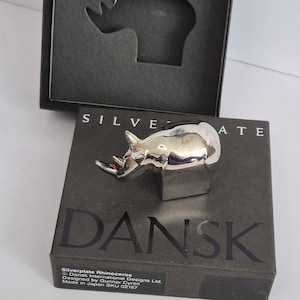 Vintage Silverplate Rhinoceros by Dansk, Mid Century Modern Decor, Vintage Metal Rhino Paperweight