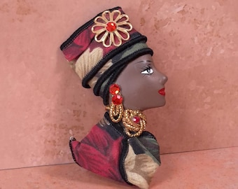 Vintage African Woman Head Brooch Pin, Vintage Black Americana Unique Statement Jewelry