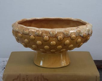 Vintage Hobnail Pedestal Planter, Unique Pedestal Planter Pot, Yellow Drip Glaze Pottery Ceramic Planter, Dopamine Decor