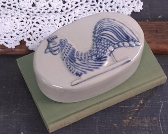 Vintage Salt Glazed Ceramic Stoneware Trinket Dish by Prestige Place, Vintage Folk Art Rooster Decor