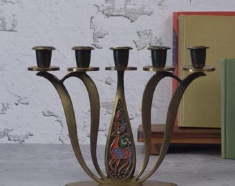 Vintage MCM Brass Candle Holder, Mid Century Modern Enamel Brass Candleholder by Dayagi, Made in Israel, Maximalist Decor