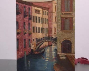 Vintage Venice Canal Bridge Original Oil Painting, Italian Colorful Canvas Wall Art, 12"x16"