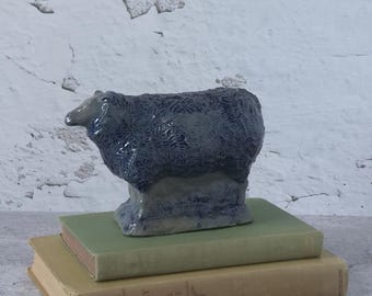 Vintage Rowe Pottery Works Salt Glaze Blue Sheep Figurine, Farmhouse Country Cottage Core Decor
