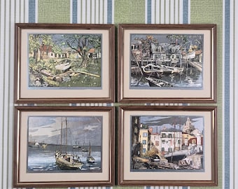 Vintage Coastal Wall Art Set of 4 Framed Metal Etching Prints by Lionel Barrymore, Nautical Gallery Wall Art