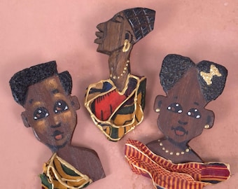 Vintage Hand Carved African Wood Brooch Pin by Kor January, Vintage Black Americana Unique Jewelry, Sold Separately