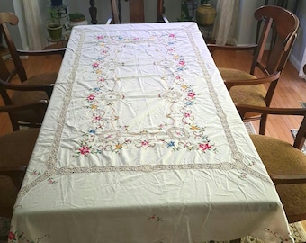Antique White Cross Stitch Embroidered Tablecloth, Floral Hand Embroidery, Ecru Lace Cutwork Rectangle Table Cloth, 96"x64"