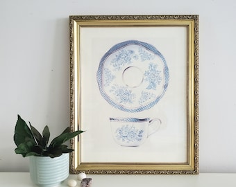 Framed Wall Art, Vintage Prints, Tea Cup, Vintage Wall Art, Housewarming Gift