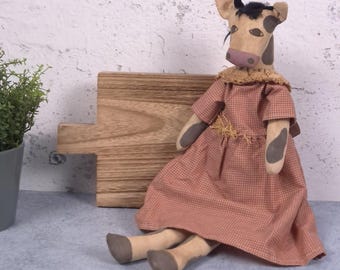 Vintage Handmade Primitive Cow Cloth Doll, Cow Gifts, Farmhouse Rustic Home Decor