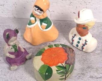 Vintage Curated Lot, Ceramic Figurines, Indian Paper Mache Box, Porcelain Made in Japan Bunny Girl , Whimsical Home Accents