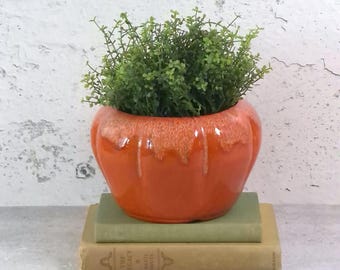 Vintage Orange Pumpkin Shaped Ceramic Planter, Drip Glaze Pottery Flower Pot, Fall Decor, Autumn Home Decor