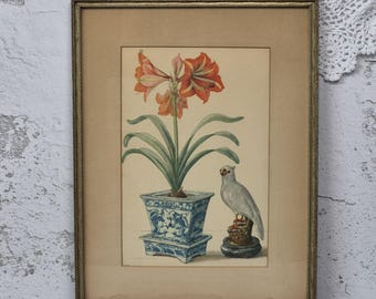 Vintage Floral Bird Wall Art, Laurence Perugini Color Lithograph, Chinoiserie Botanical Still Life Print