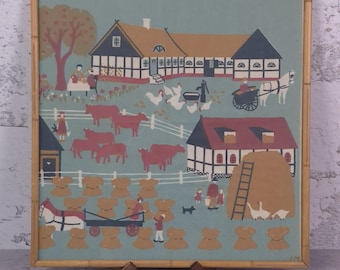 Vintage Scandinavian Farm Wall Art, Framed Textile Folk Art Print, Farmhouse Decor, Rustic Country Decor