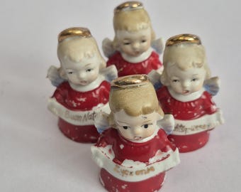 Vintage Ardalt Angel Bell Ornaments, We Say Merry Christmas, Set of 4 Christmas Ceramic Angel Ornaments, Retro Kitsch Decor