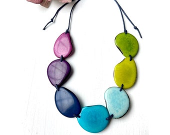 Long Rainbow Tagua Bead Necklace - Bold Eco-friendly Jewellery - Eco Fashion - Sustainable Jewellery