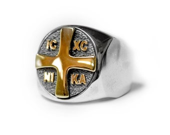 Handcrafted Sterling Silver Orthodox Cross Ring, Gold Christogram