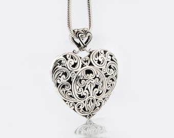 Sterling Silver Floral Heart Pendant - Ornamental Filigree Design