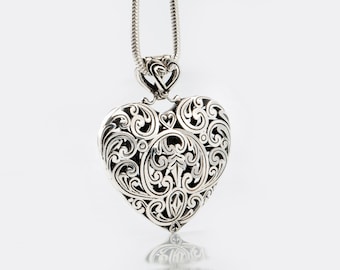 Silver Heart  Pendant Ornamental Sterling Silver Heart Shaped Floral Motive