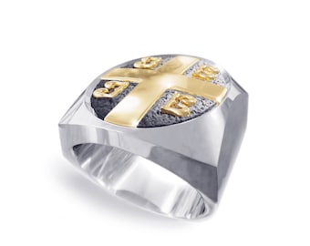 Handmade Sterling Silver Paleologos Emblem Ring, 9K Gold Cross