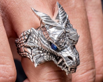 Sterling Silver Dragon Ring with Gemstone Eyes
