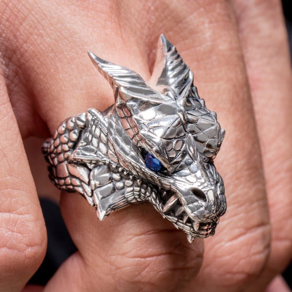 Drachen ring, Silber Drachenkopf Ring mit Edelsteinen