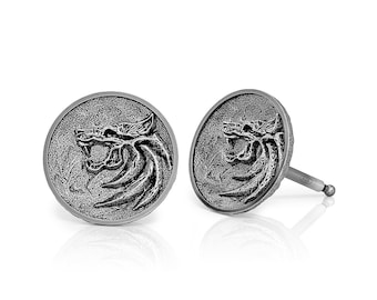 Witcher Wolf Medallion Sterling Silver Stud Earrings, Geralt of Rivia Jewelry