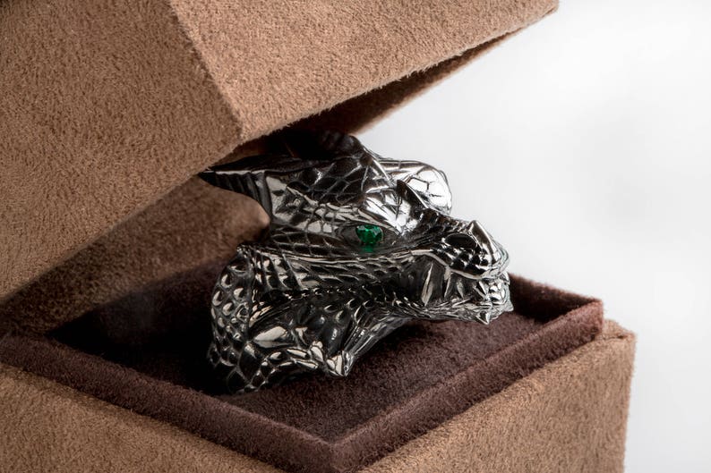 Dragon Ring, Dragon Head Ring , Black Silver Dragon Gemstone Ring image 5