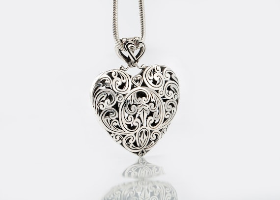 Silver Heart  Pendant Ornamental Sterling Silver Heart Shaped Floral Motive