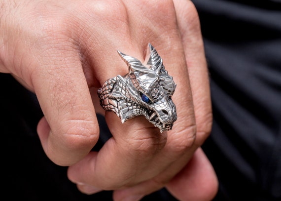 Dragon Ring, Silver Dragon Head ring with Gemstones