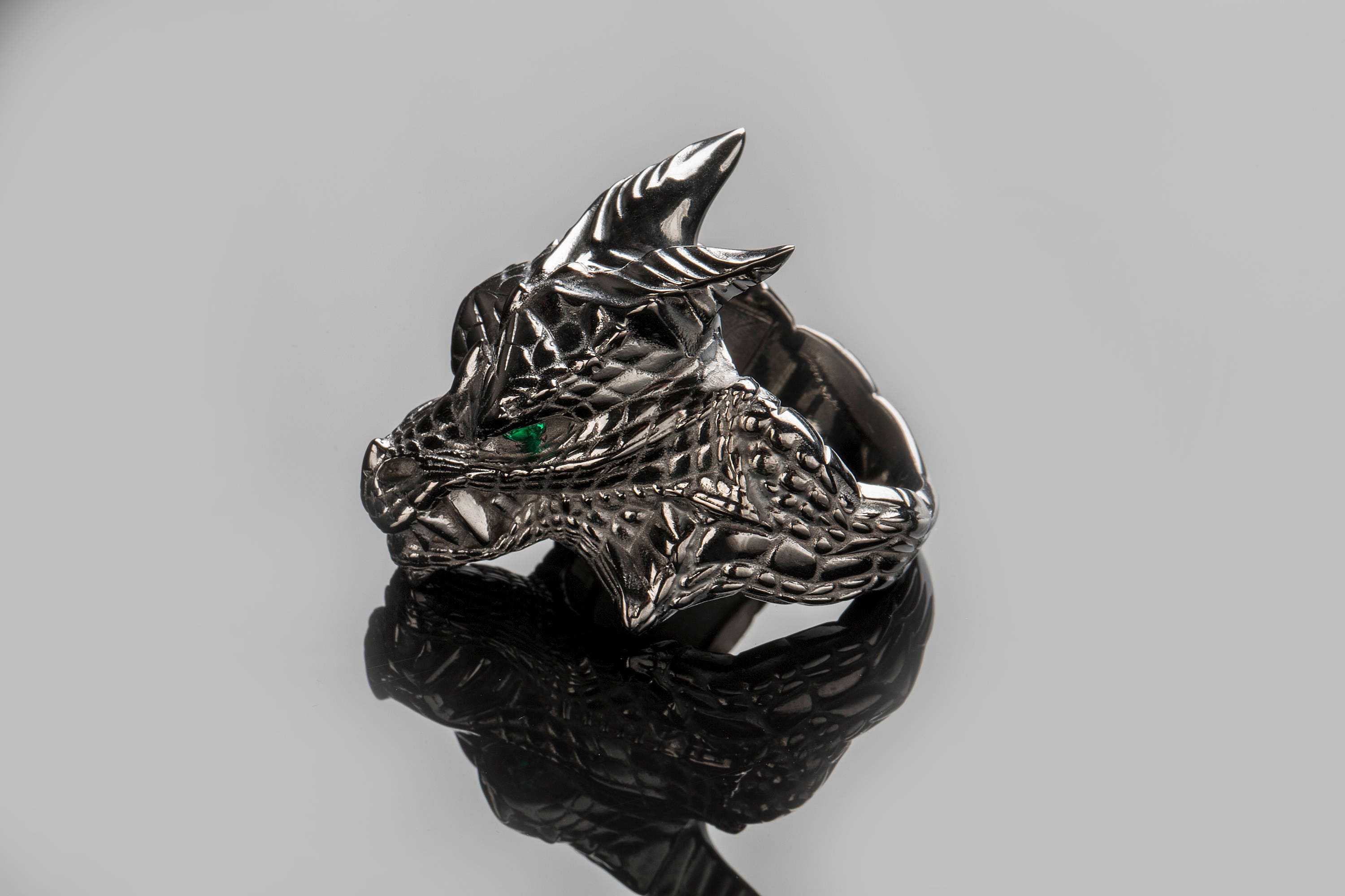 Dragon Ring, Dragon Head Ring , Black Silver Dragon Gemstone Ring