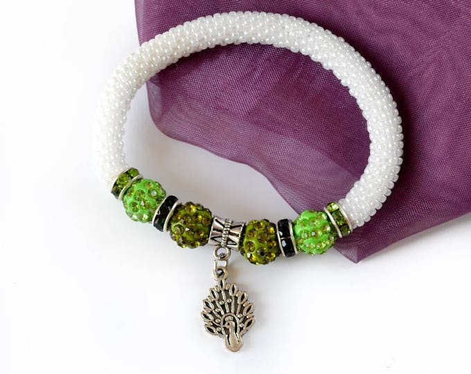 Green peacock Bracelet bangle rubber beads Shamballa beads seed beads green crystal charms bracelet colour bracelet friendship womens girls