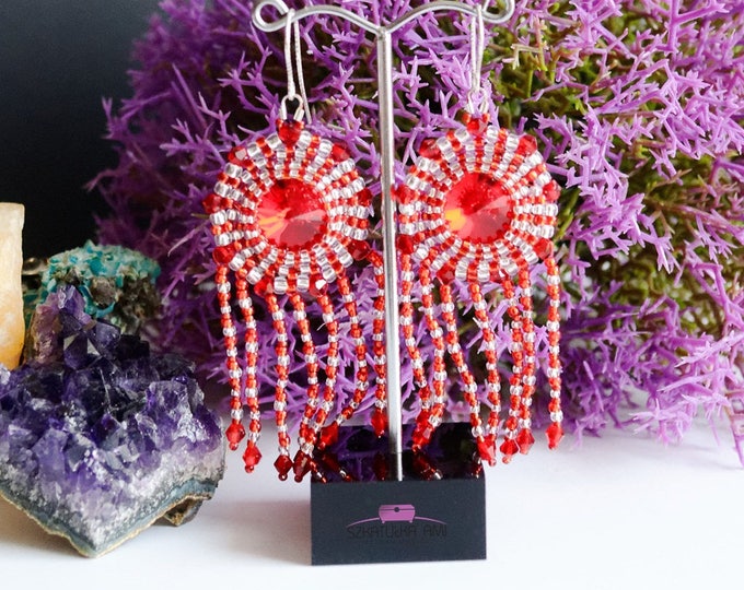 Red Crystal earrings, swarovski earrings, boho earrings, Small glass beads, hand woven, fringe earrings, medium earrings, silver hooks