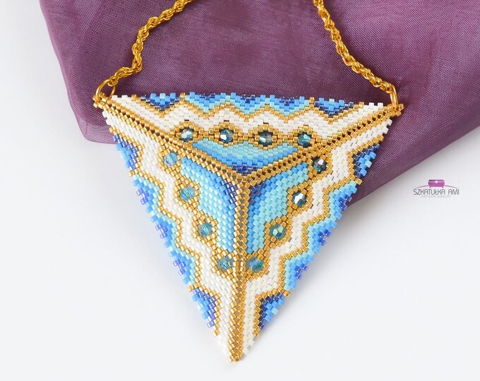 pendant triangle, beaded triangle, triangle necklace, geometric necklace, blue gold triangle, tribal necklace, tribal jewelry, beadwork