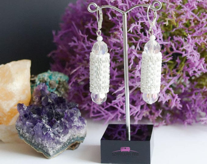 White sticks earrings Crystal earrings Wedding earrings Anniversary gift for wife Women earrings Daughter Wedding day Seed beads earrings