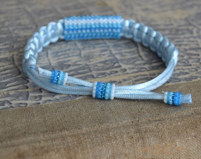 Satin string women bracelet Ethnic bracelets shadow blue Organic jewelry Beaded bracelets Tribal Men bracelet Leather natural brace