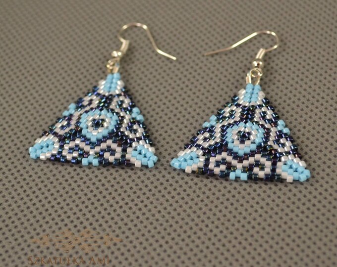 Blue triangles earrings Woven earrings Sedd beads earrings Shadow blue Beads earrings Gift for her Elegant earrings Drop earrings Dangle