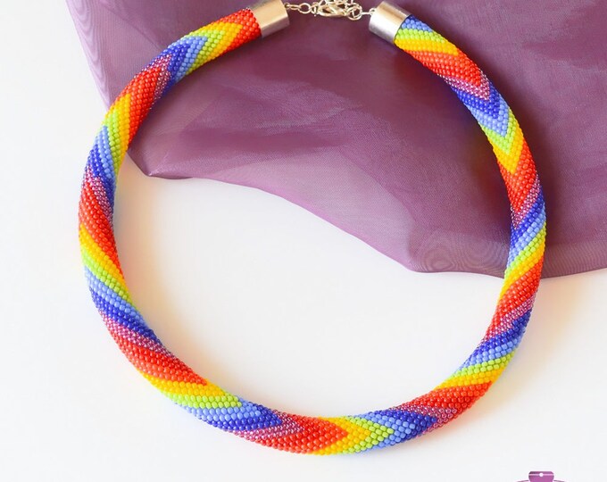 Rainbow necklace Seed beads necklace Summer jewelry Colour necklace shaded in Tube necklace Knitting Crochet necklace Mother womens gift