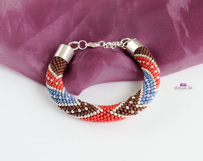 Red blue brown bracelet crochet colorful bracelet beaded bracelet handmade bangle braclets womens girls gift glass beads effect shading her
