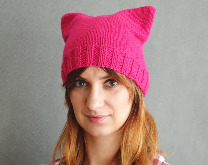 Pink Pussyhat Cap Cat Hat Acrylic intense pink Unisex Cat hat striations hat Custom pussyhat Pink pussyhat Mens cat hatines