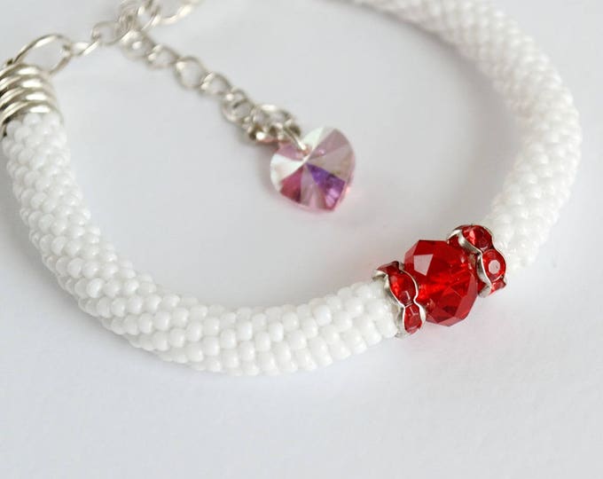 Red zirconia bracelet crystal white bracelet seed beads bracelet anniversary gift for her net bracelet thank you gift for friends girls