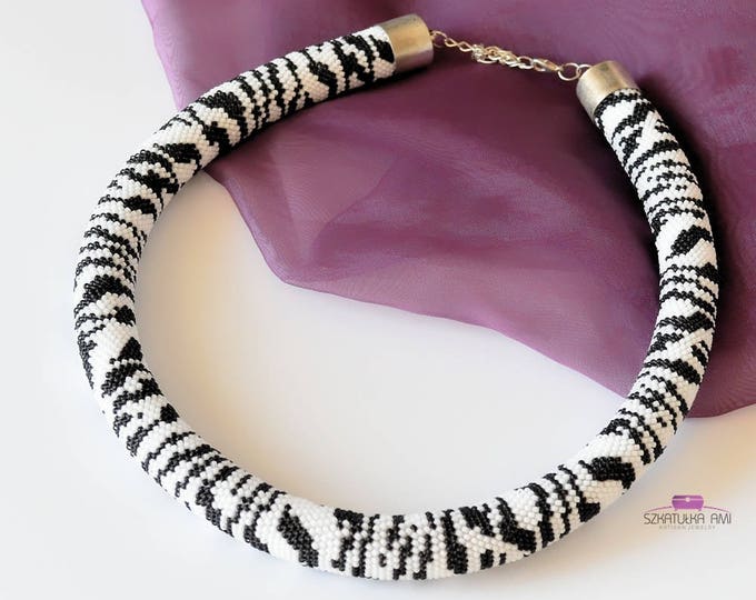 Zebra crochet bead necklace, black and white jewelry, animal print skin necklaces