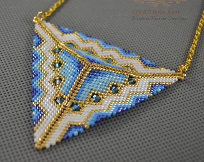 pendant triangle, beaded triangle, triangle necklace, geometric necklace, blue gold triangle, tribal necklace, tribal jewelry, beadwork
