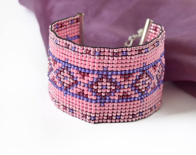 Pink purple bracelet woven bracelet loom bracelet aztec pattern cuff bracelet friendship gift seed beads bracelet womens girls gift springs