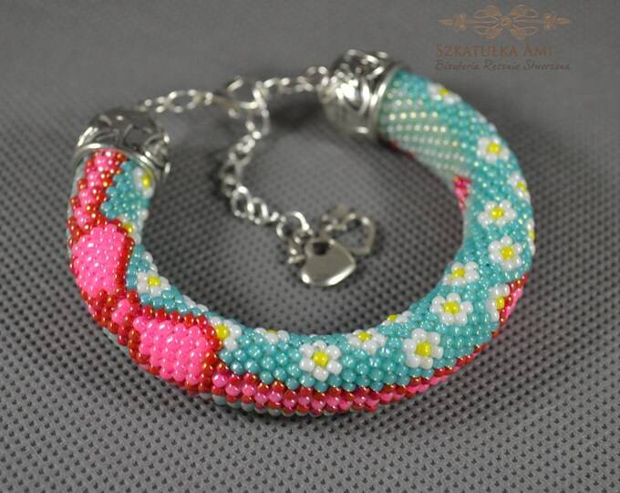 Bead crochet rope Bracelet Beaded Bracelet gift for her Beadwork Beaded jewelry With colored section pattern mint pink bow cute sweet flower