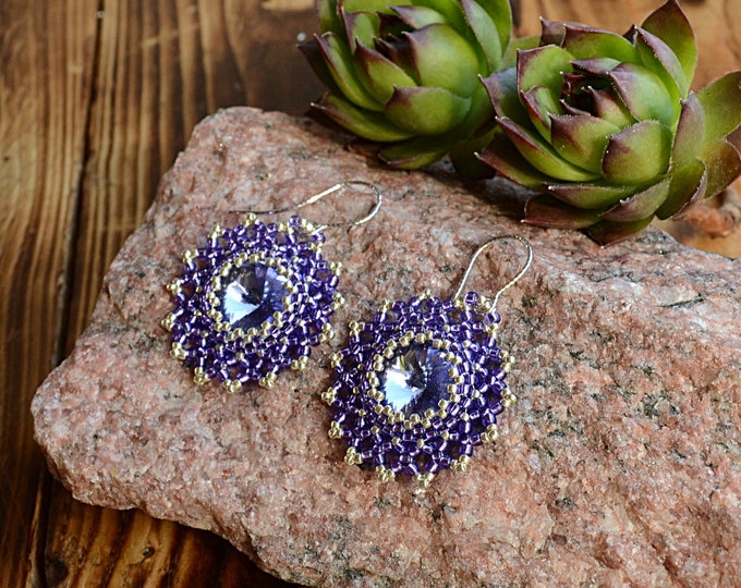 crystal earrings, Rivoli earrings, Swarovski earrings, flower earrings, purple earrings, glowing earrings, maroon earrings, party earrings