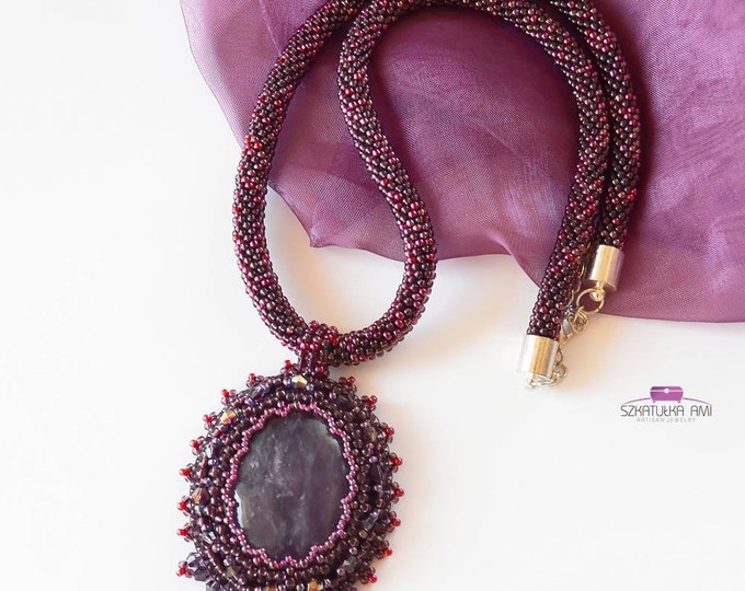 Amethyst necklace, stone necklace, purple necklace, statement necklace, gift for women, big necklace, seed bead necklace, stone amethyst