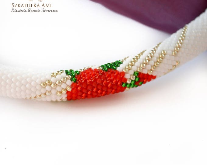 Red roses necklace Seed beads necklace Silver gold white Tube necklace Crochet necklace Flowers necklace Wedding necklace Gift for her Women