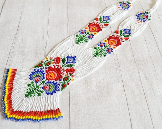 Gerdan necklace, folk necklace, long necklace, flower necklace, polish necklace, rainbow necklace, folk style, Ukrainian necklace, Seed bead